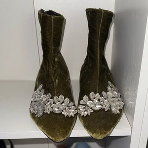 Zara Olive Velvet Ankle Boots with Crystal Accents